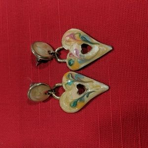 Gold tone Heart shape with swirl yellow pink green peach blue Earrings